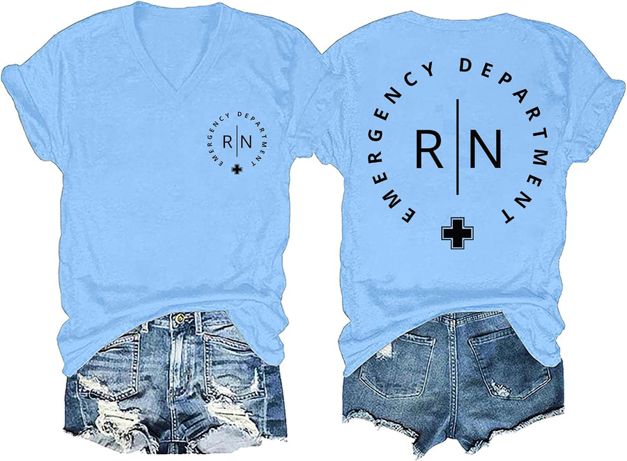 Emergency Department RN Shirt Women ER Nurse Graphic T-Shirt Healthcare Worker Apparel Medical Shirt - V-Neck Carolina Blue