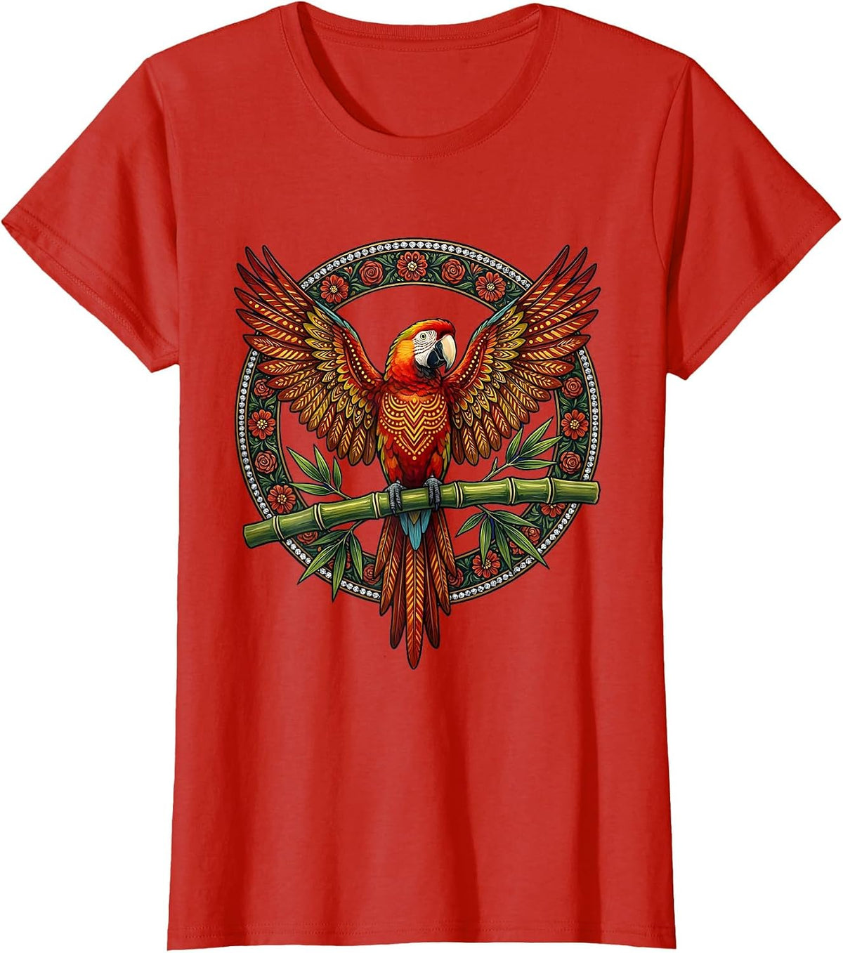 Women's Tropical Parrot on Bamboo Aloha Design T-Shirt - Red