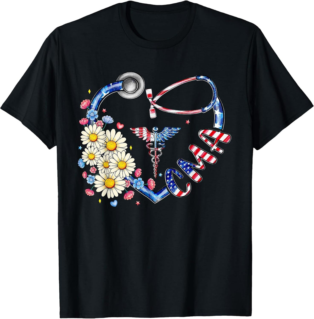 Certified Medical Assistant CMA 4th July American Flag Heart T-Shirt - Black