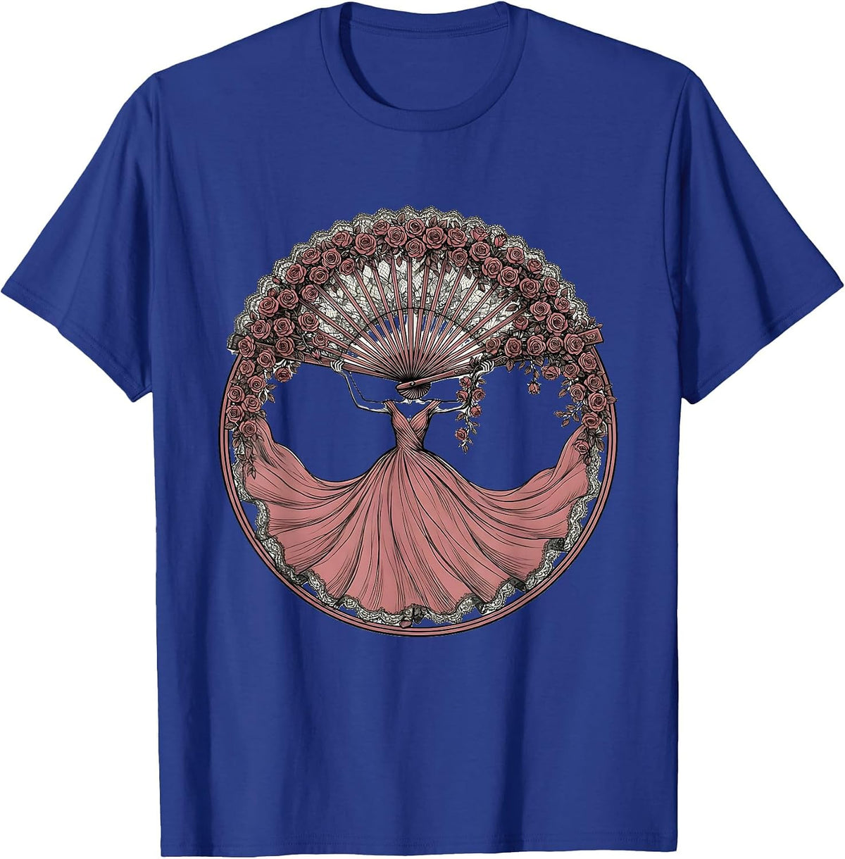 Men's Vintage Lace Fan Climbing Garden Roses Design T-Shirt - Royal Blue