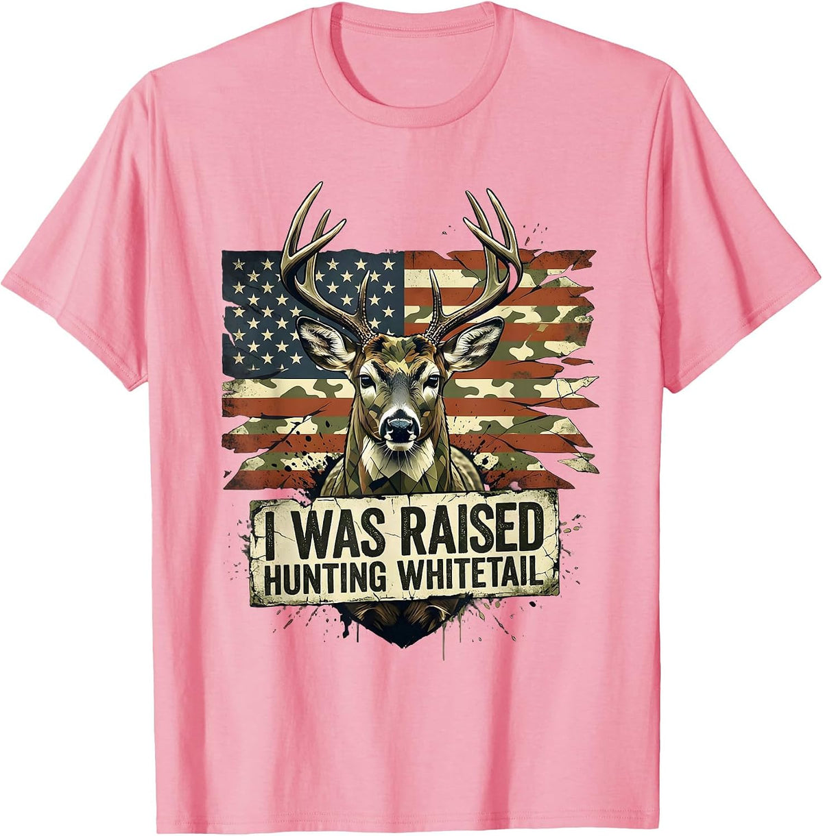 Men's I Was Raised Hunting Whitetail Distressed Camo Deer Hunter T-Shirt - Pink
