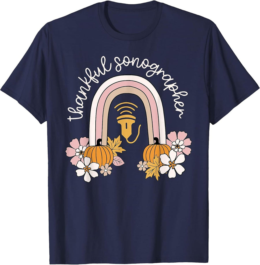 Rainbow Thankful Sonographer Pumpkin Fall Ultrasound Tech OB T-Shirt - Navy Blue