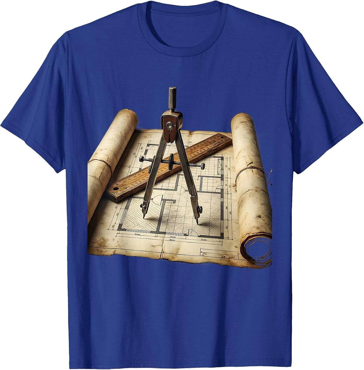 Men's Blueprint Illustration Ruler and Compass Graphic T-Shirt - Royal Blue
