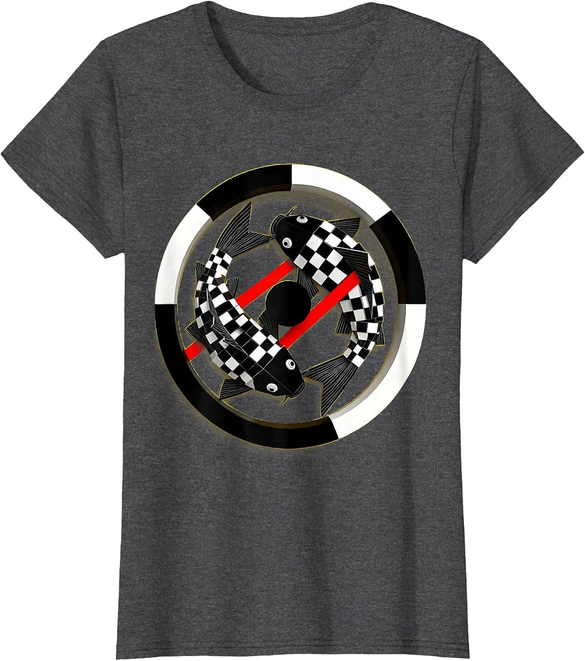 Women's Black and White Checkered Koi Fish Design T-Shirt - Dark Heather Grey