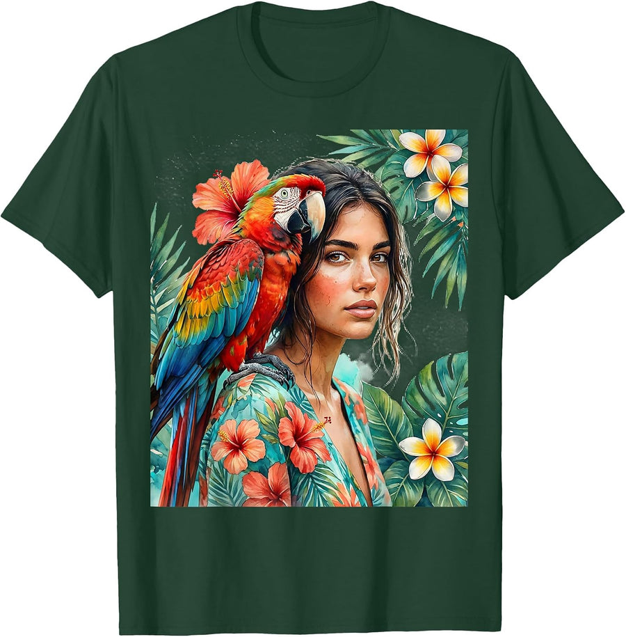 Men's Girl With Parrot Hawaiian Tropical Illustration T-Shirt - Dark Green