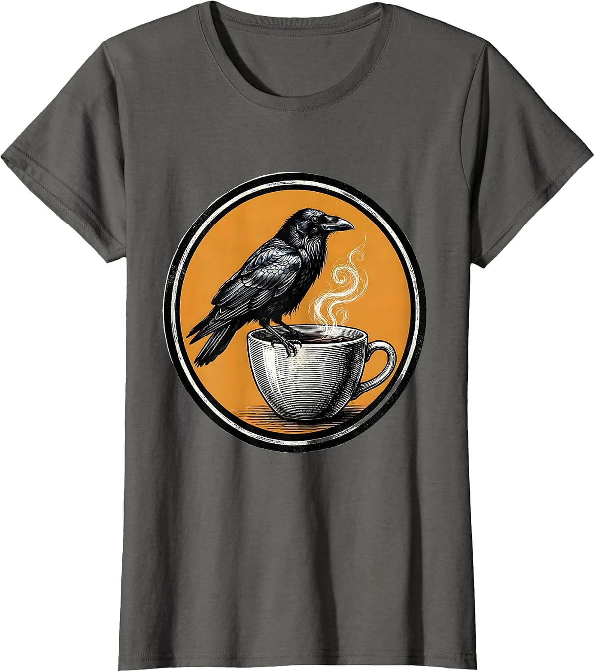 Women's Cawf Crow Perched on a Steaming Coffee Cup T-Shirt - Asphalt Grey