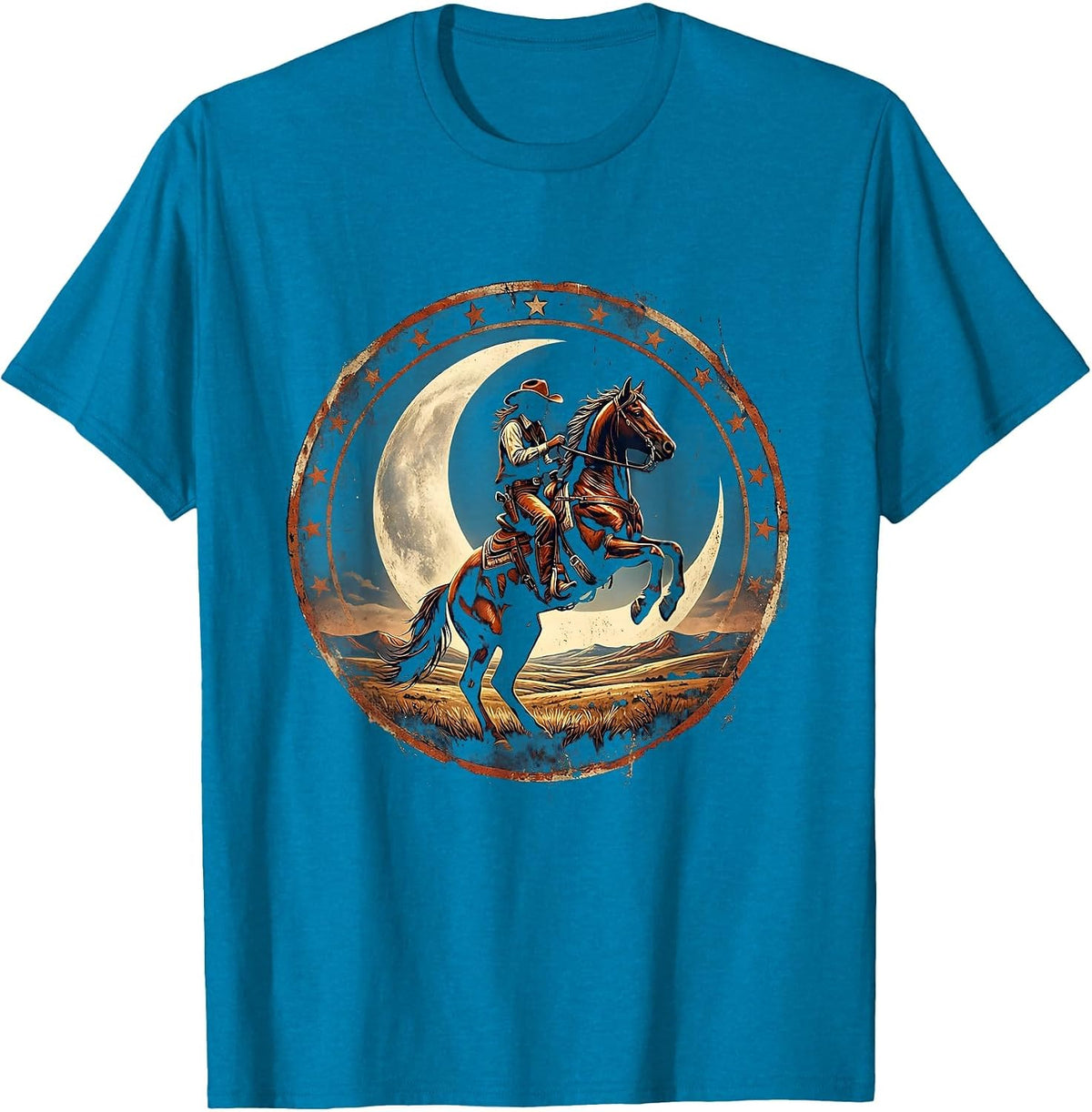 Cowgirl on Horseback Starry Night Sky Design T-Shirt - Sapphire Blue