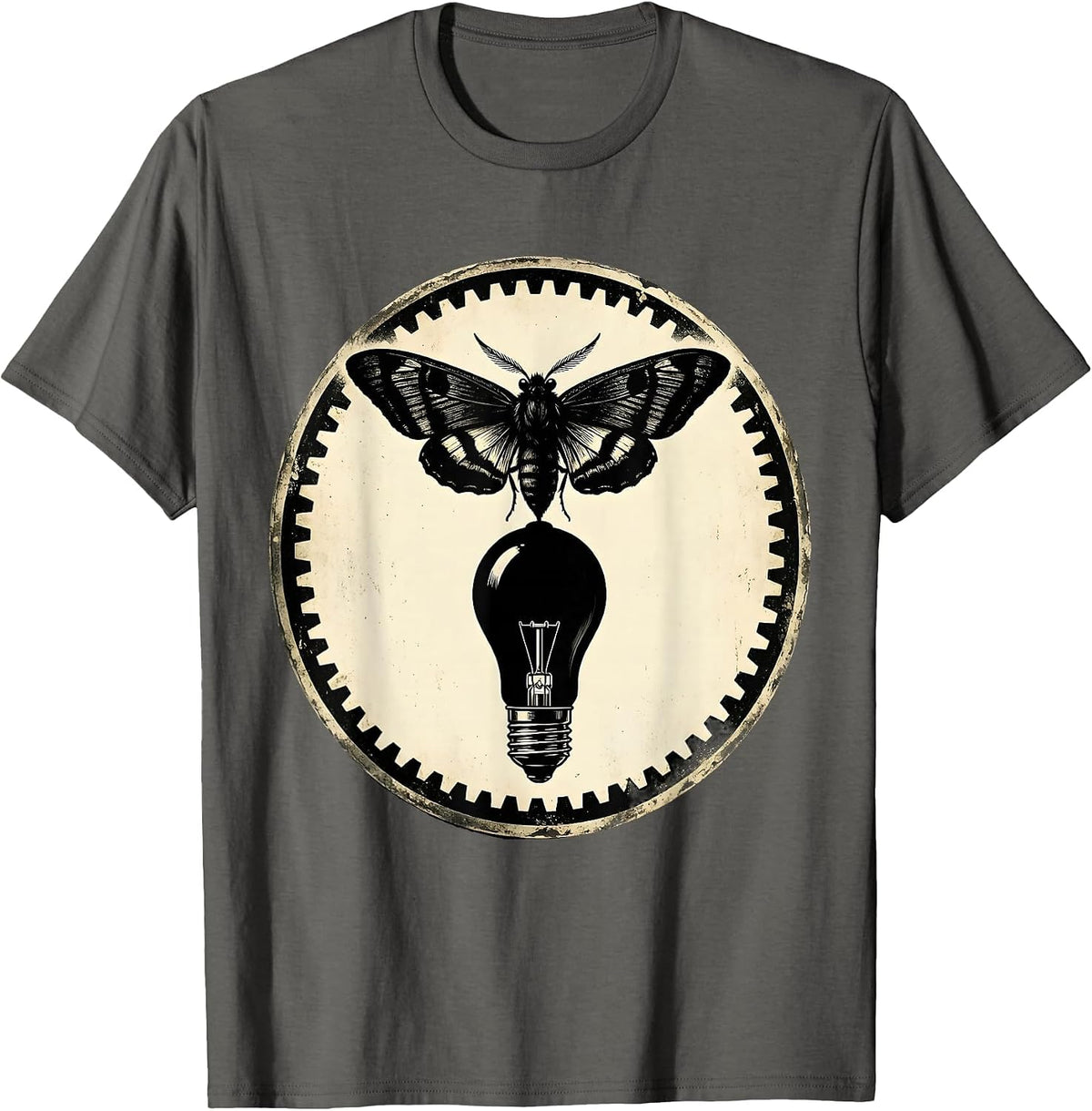 Vintage Rock Moth and Vacuum Tube Illustration T-Shirt - Asphalt Grey