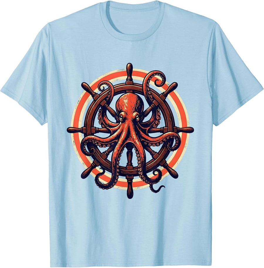 Men's Octopus Tangled Around Ship Steering Wheel T-Shirt - Baby Blue