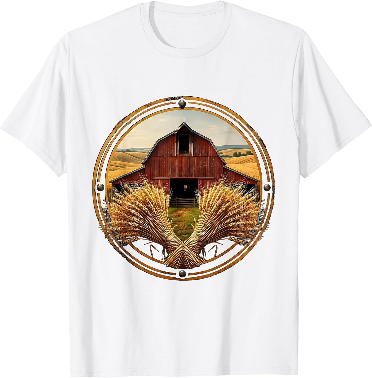 Rustic Barn Rolling Wheat Fields USA Farmland T-Shirt - White