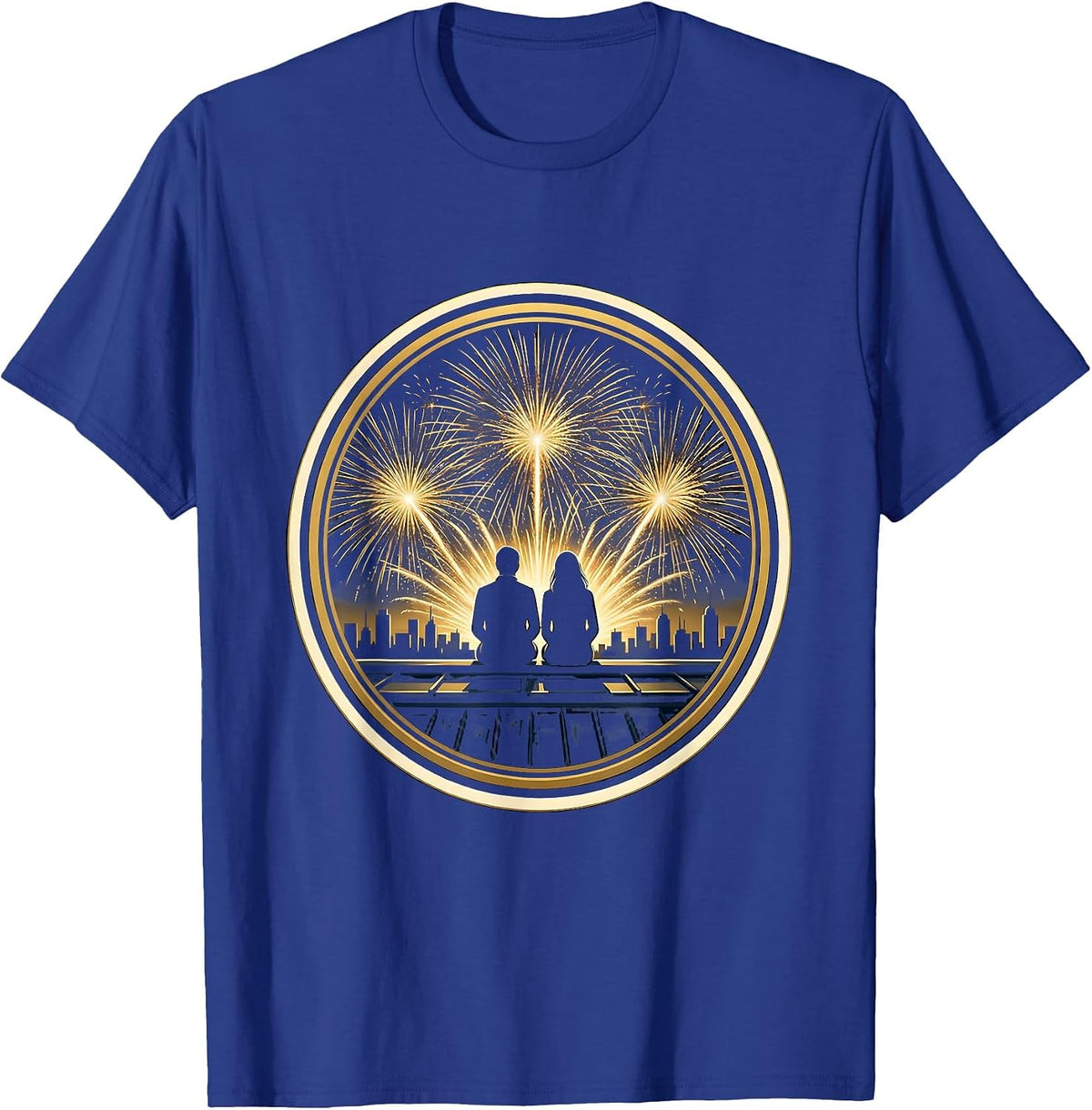 Rooftop Fireworks Couple Night Sky Illustration T-Shirt - Royal Blue