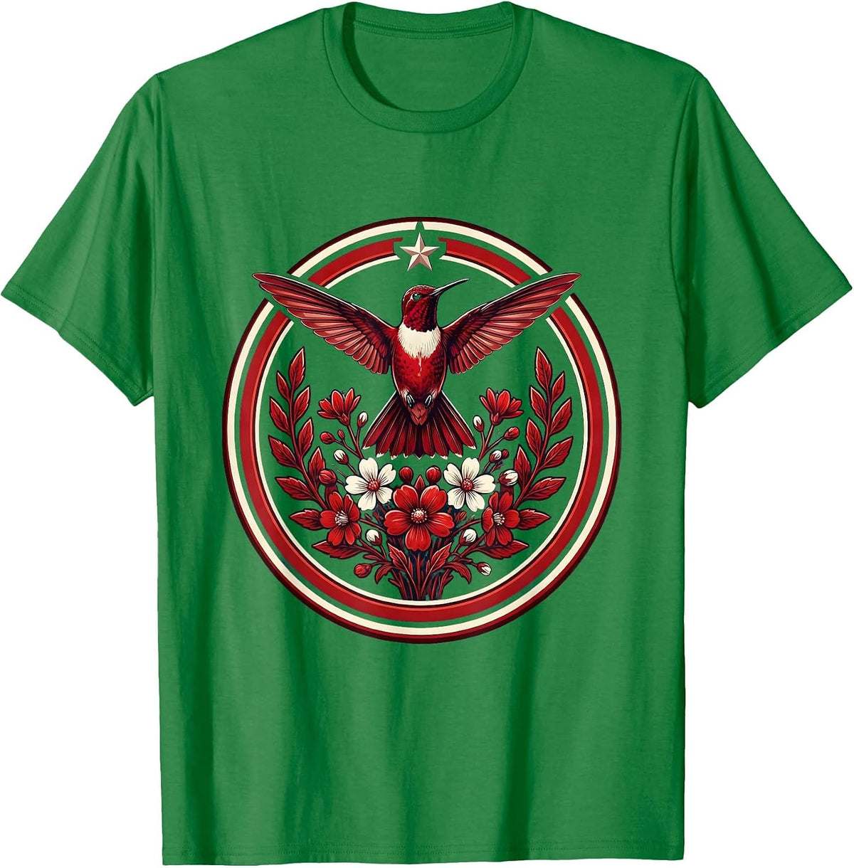 Men's Hummingbird Red White Wildflowers Patriotic T-Shirt - Kelly Green