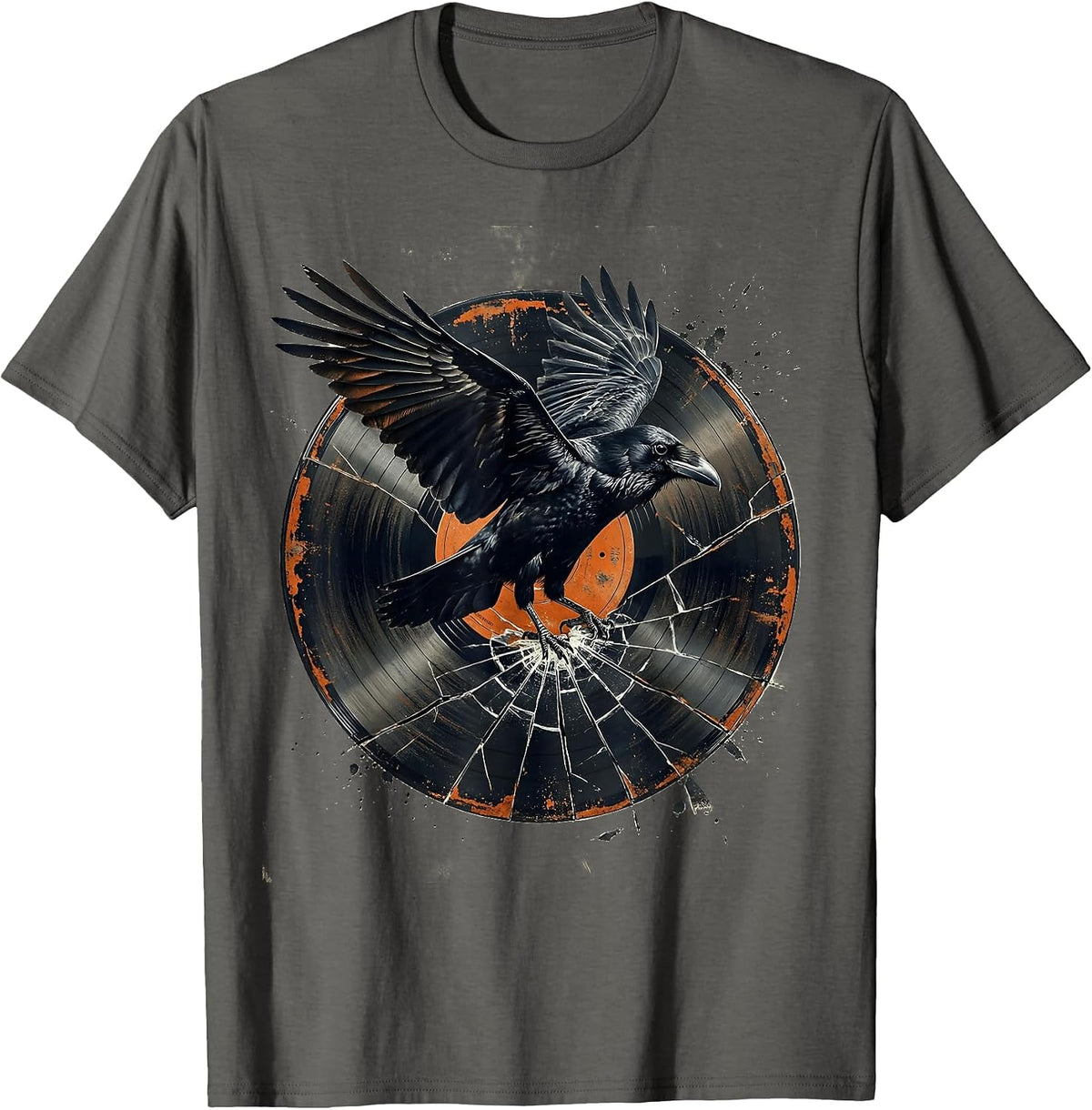 Raven on Broken Vinyl Record Rock Music Art T-Shirt - Asphalt Grey