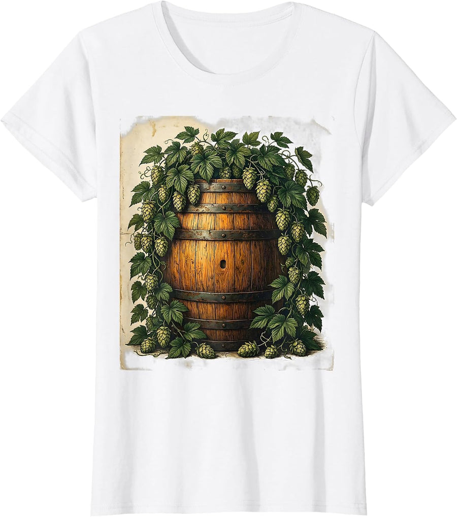 Women's Hop Vines and Barrel Craft Beer Illustration T-Shirt - White