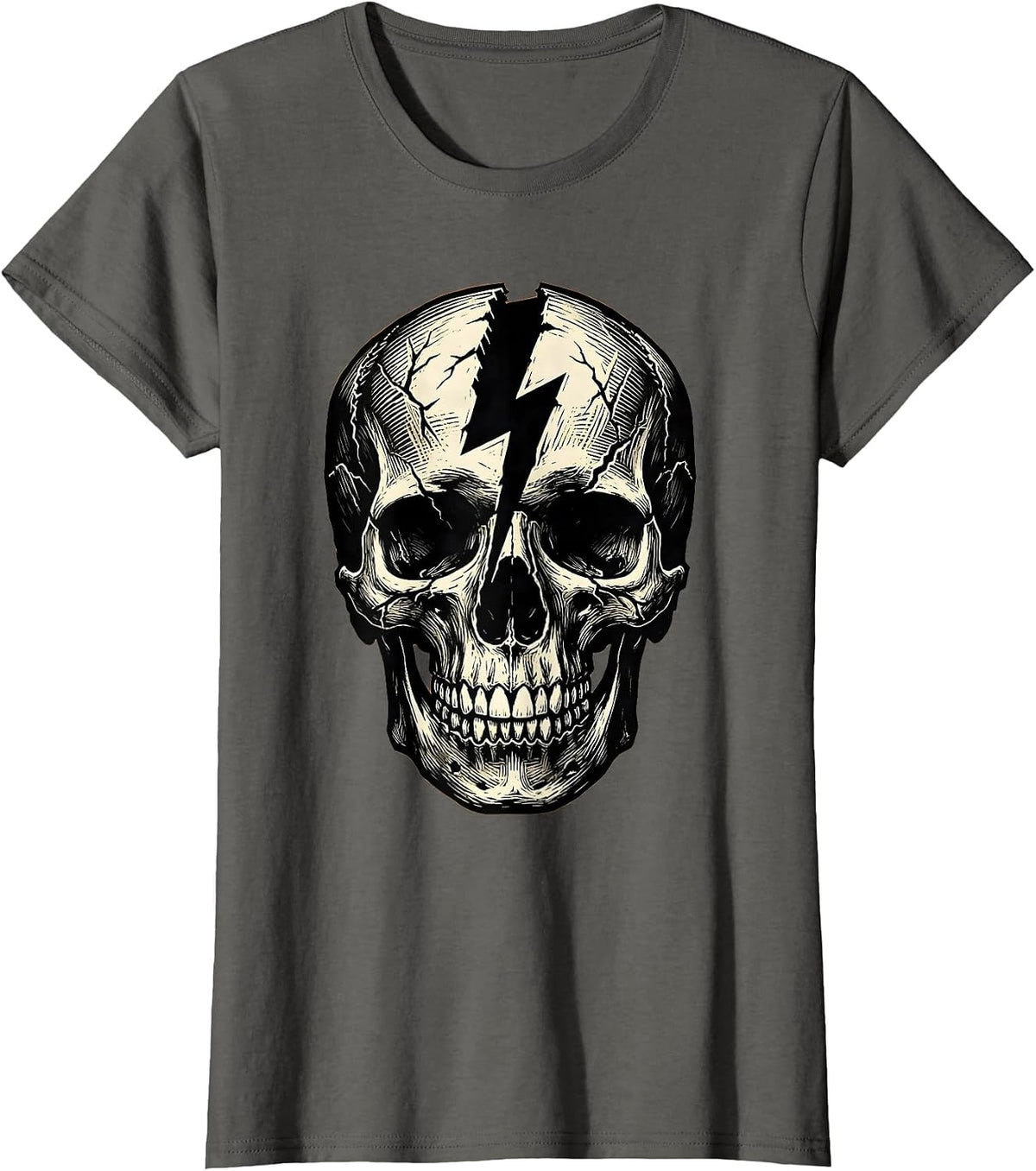 Women's Cracked Skull Lightning Bolt Split Graphic T-Shirt - Asphalt Grey