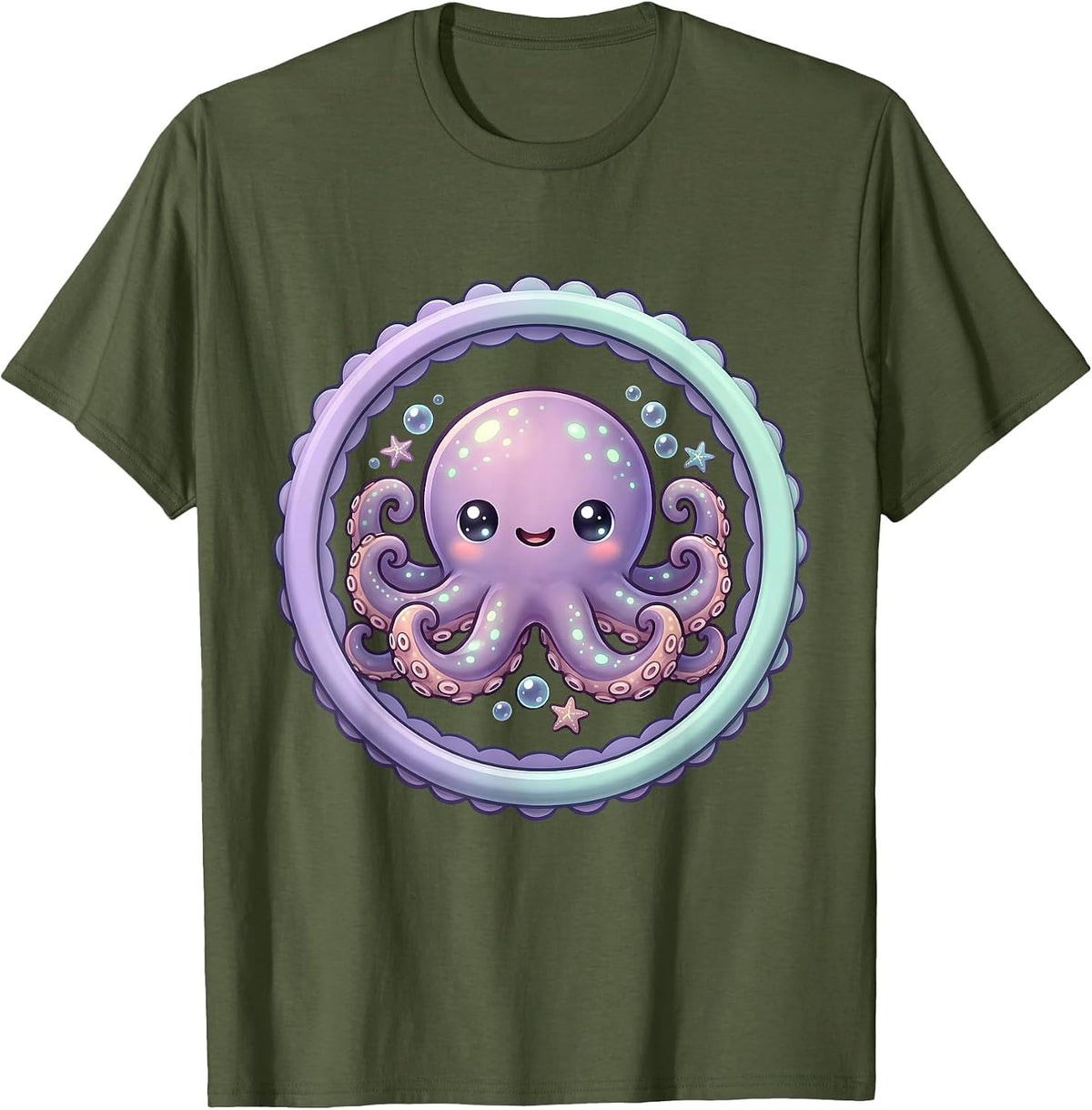 Glowing Bioluminescent Octopus Midnight Ocean Art T-Shirt - Olive Green