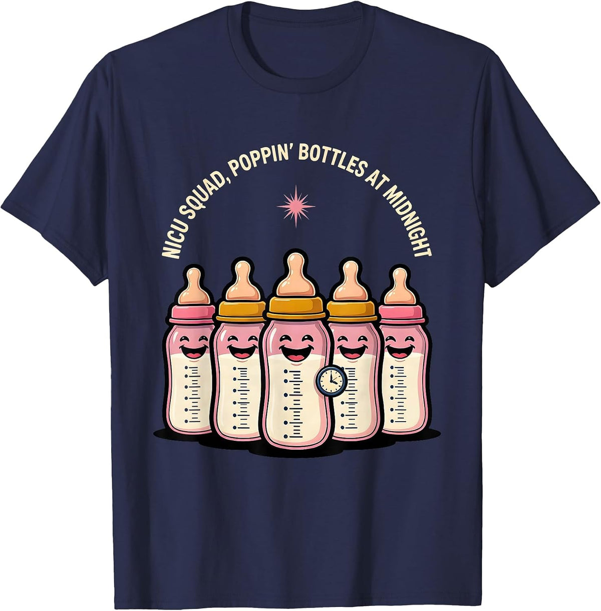 Men's NICU Squad Poppin Bottles At Midnight Nurse T-Shirt - Navy Blue