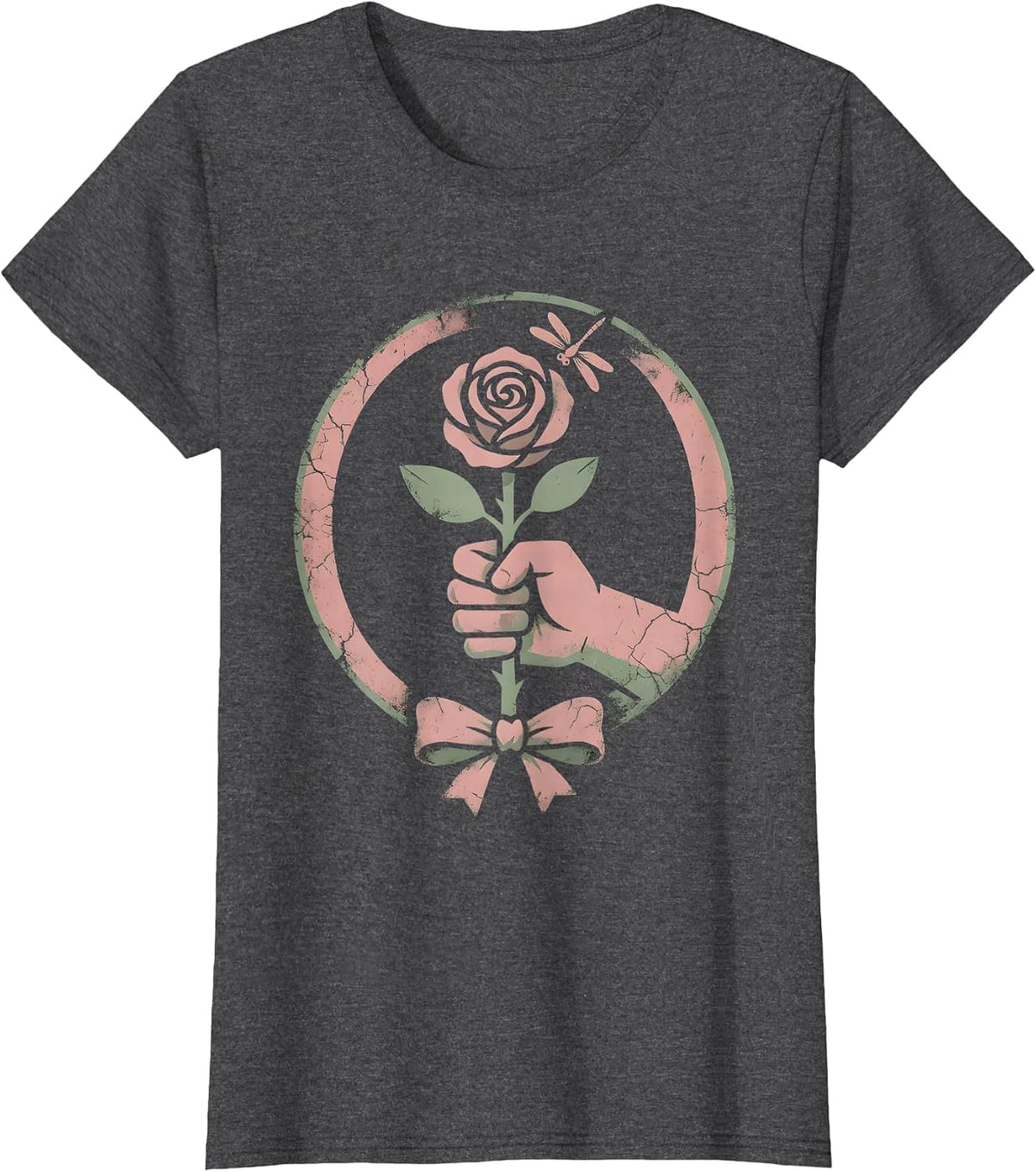 Women's Gigi Manicured Hand Holding Rose Graphic Tee T-Shirt - Dark Heather Grey