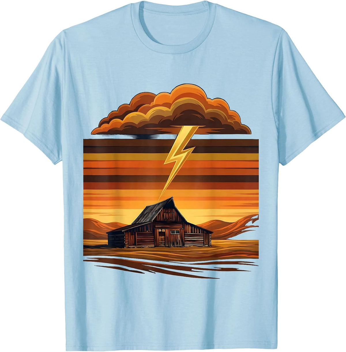 Men's Country Barn Stormy Lightning Sky Illustration T-Shirt - Baby Blue