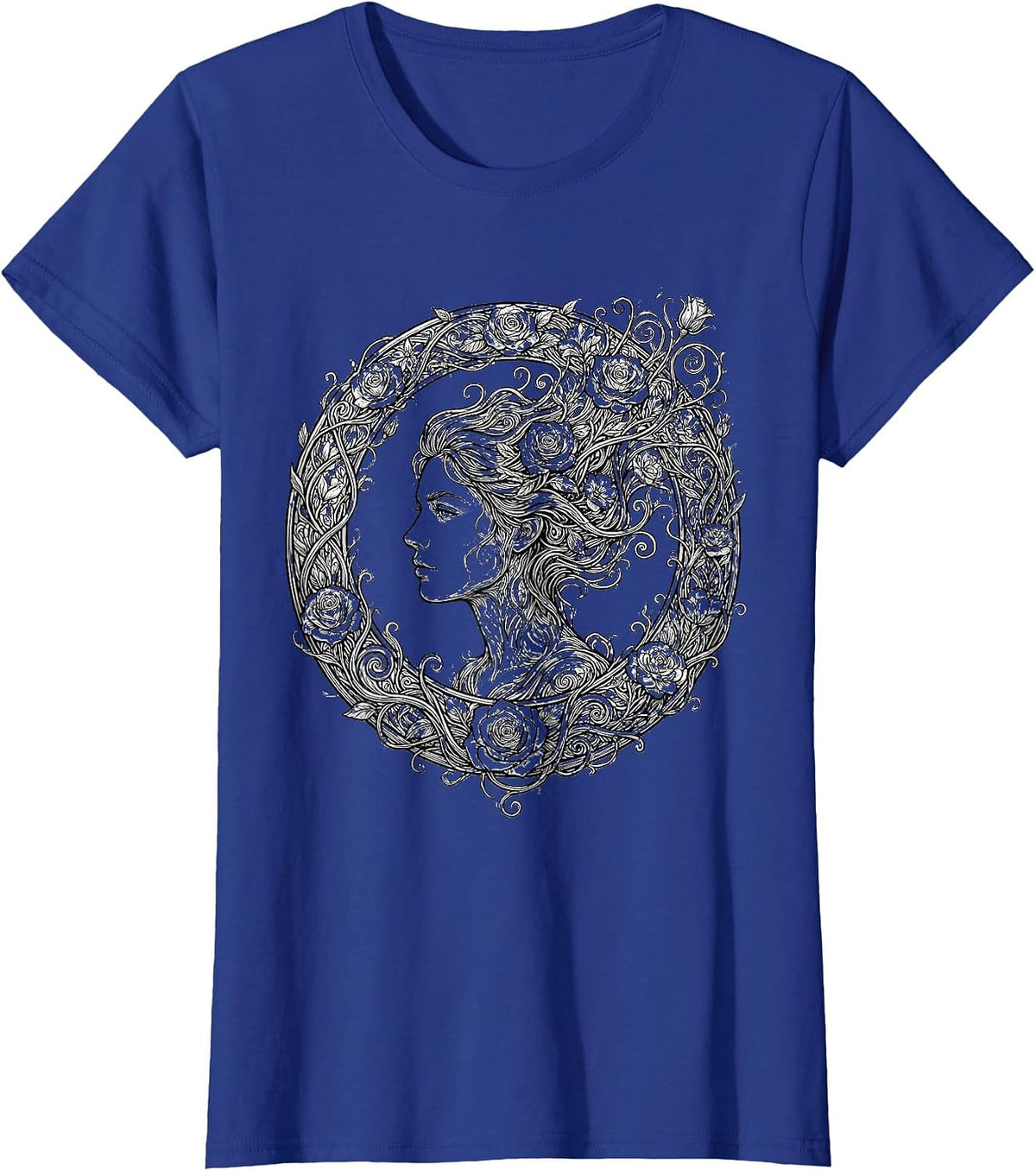 Women's Gigi Floral Profile Botanical Art Design T-Shirt - Royal Blue