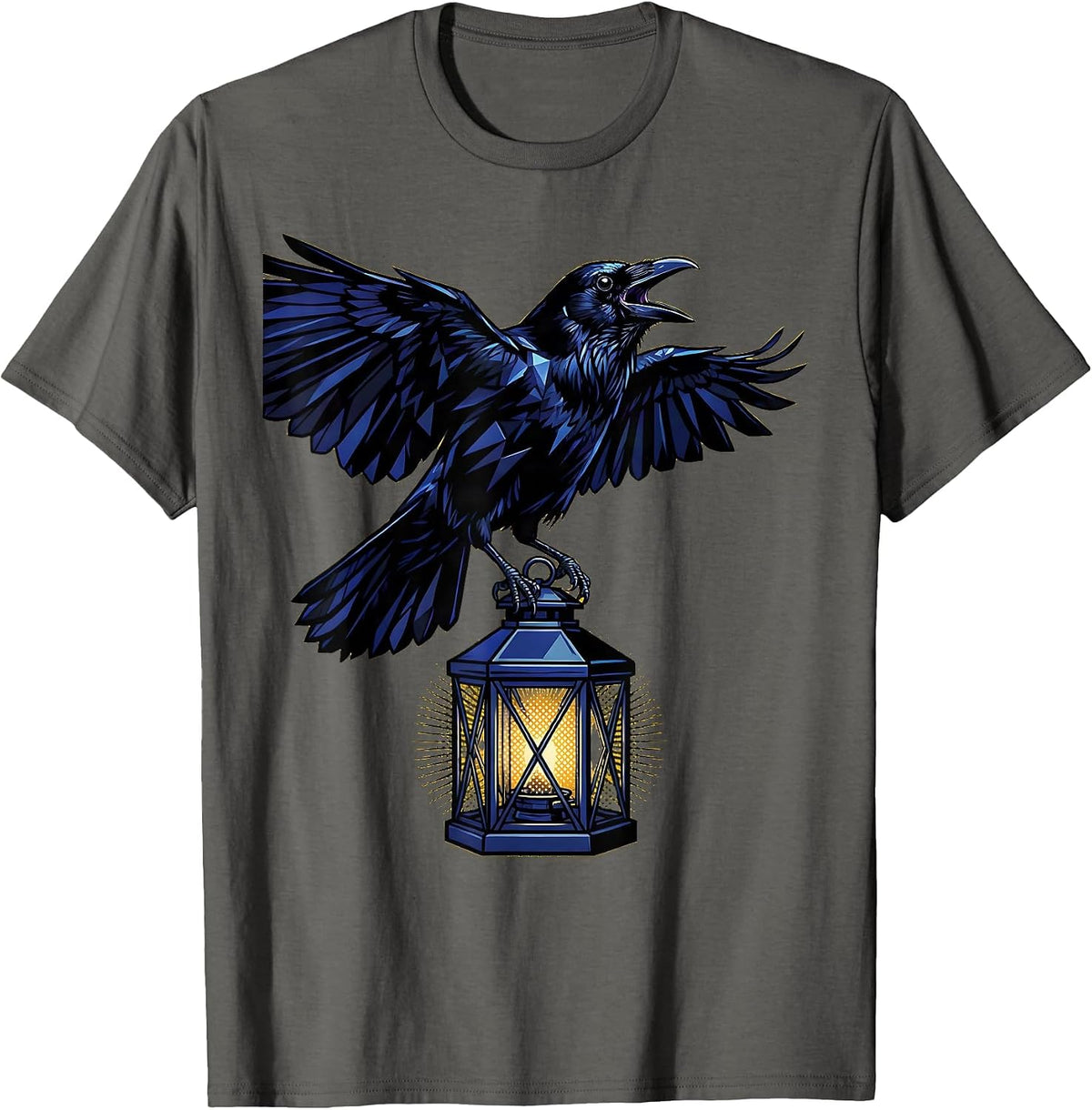 Crow Perched on Old Lantern Illustration T-Shirt - Asphalt Grey