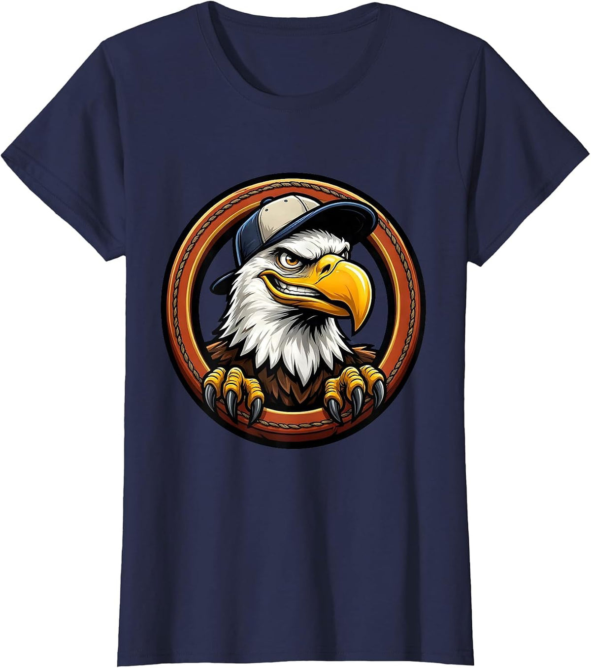 Women's Bald Eagle Backwards Baseball Cap Funny Graphic T-Shirt - Navy Blue