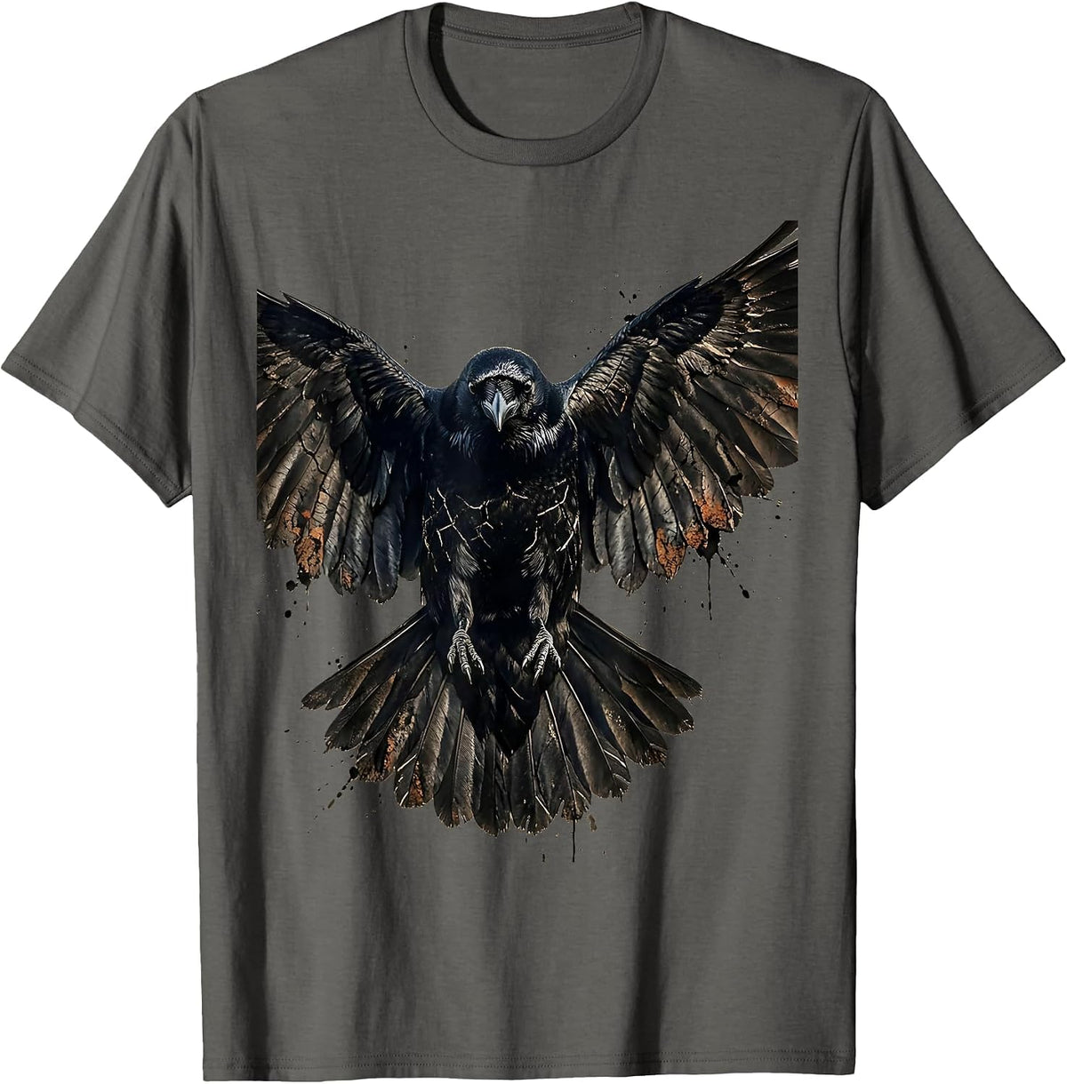 Crow in Flight Spread Wings Illustration T-Shirt - Asphalt Grey