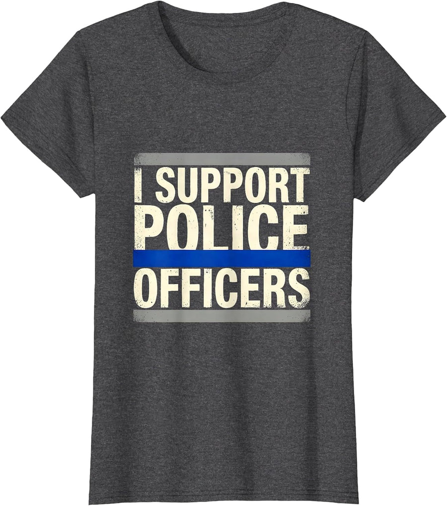 Women's I Support Police Officers Thin Blue Line Back The Blue T-Shirt - Dark Heather Grey