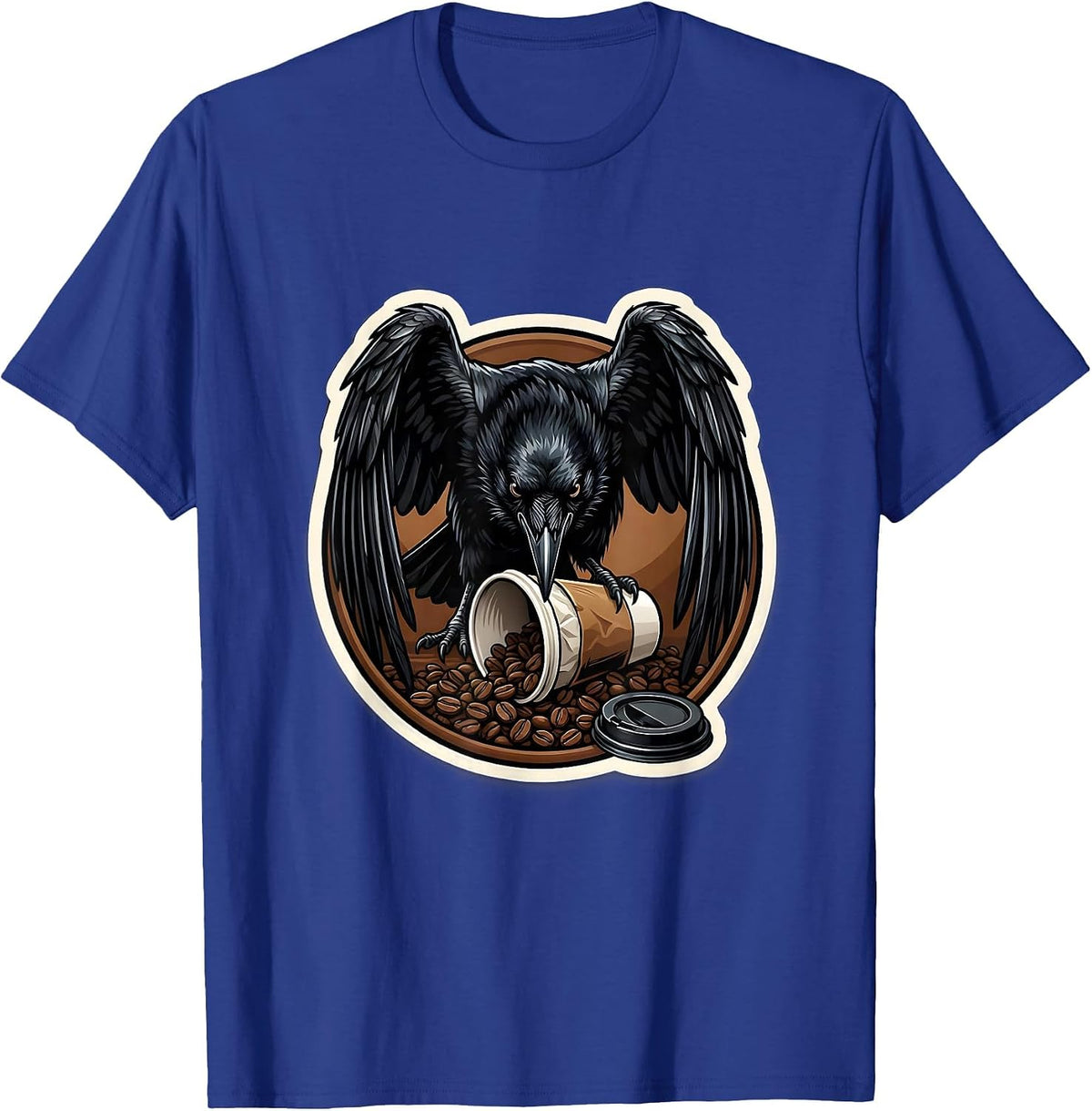 Crow Attacking Empty Coffee Cup Illustration T-Shirt - Royal Blue