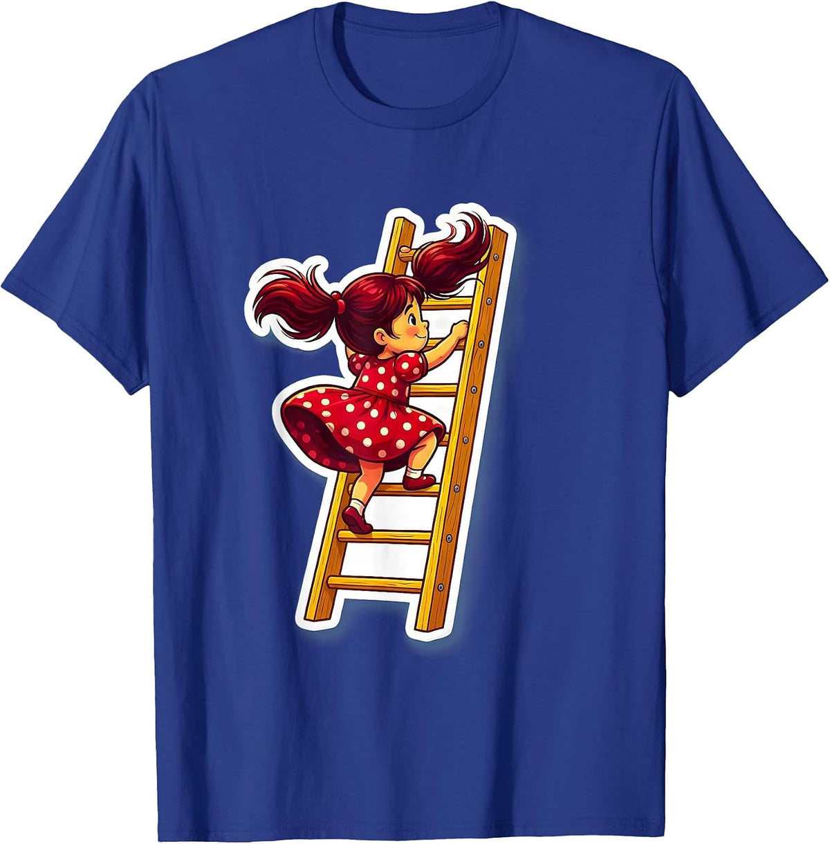 Polka Dot Dress Girl Climbing Tall Ladder T-Shirt - Royal Blue