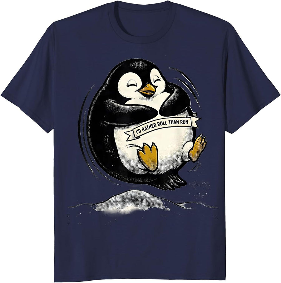 I'd Rather Roll Than Run Retro Cartoon Penguin Animal Lover T-Shirt - Navy Blue