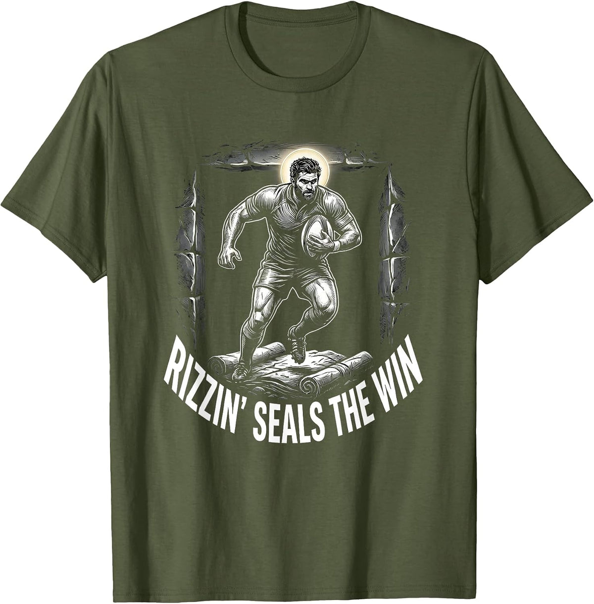 Rizzin Seals The Win Funny Jesus Rugby Easter Christian T-Shirt - Olive Green