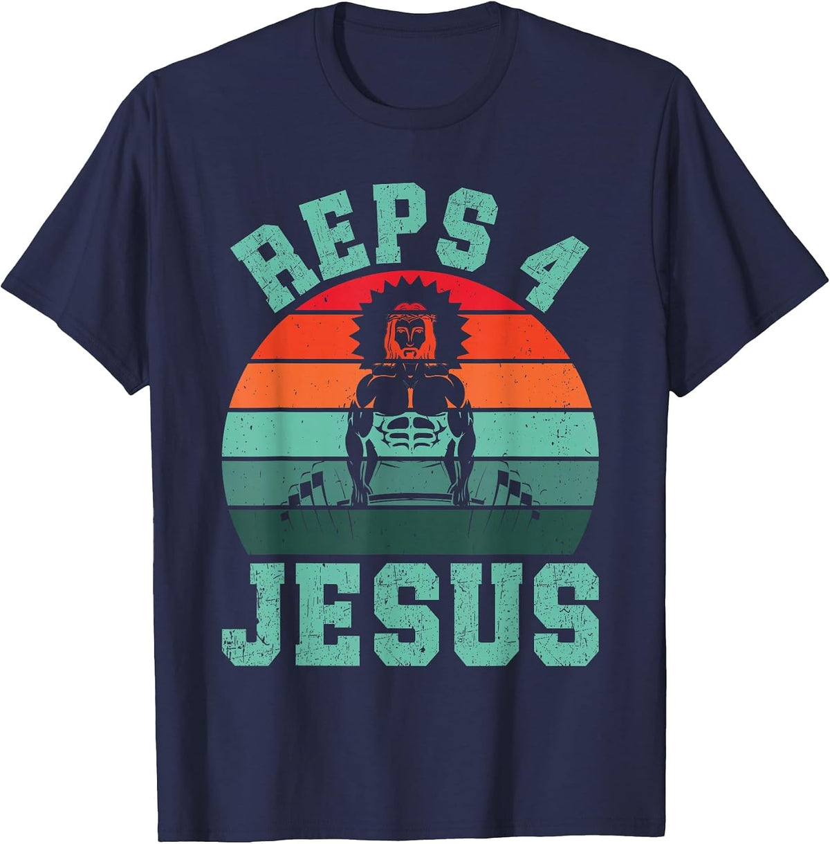 Jesus Reps 4 Jesus Christian Weightlifting Retro Fitness Gym T-Shirt - Navy Blue