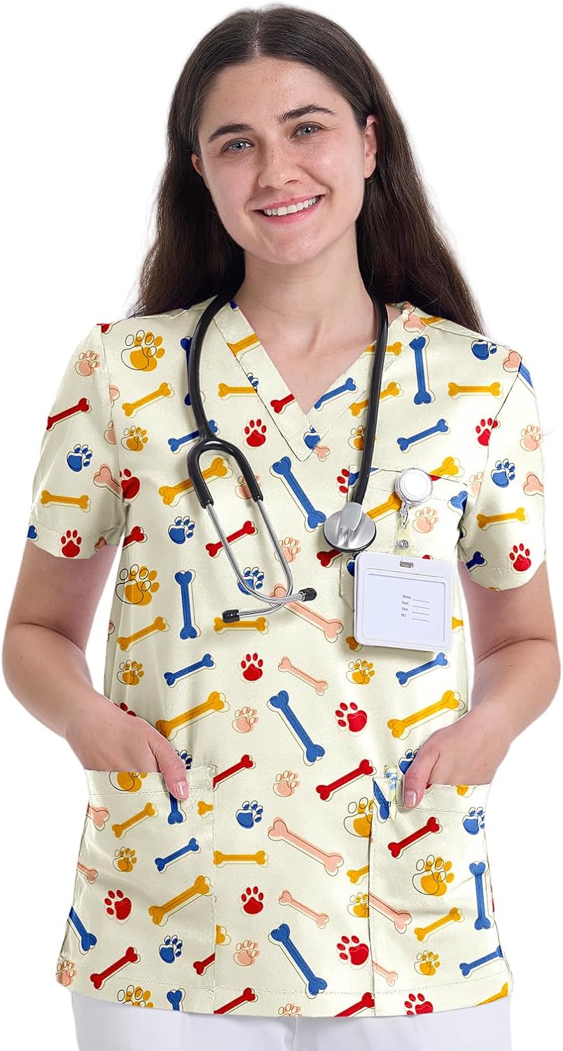 Printed Scrub Tops for Women, V-Neck Nurse Shirt, 3 Pockets - Dog Paw