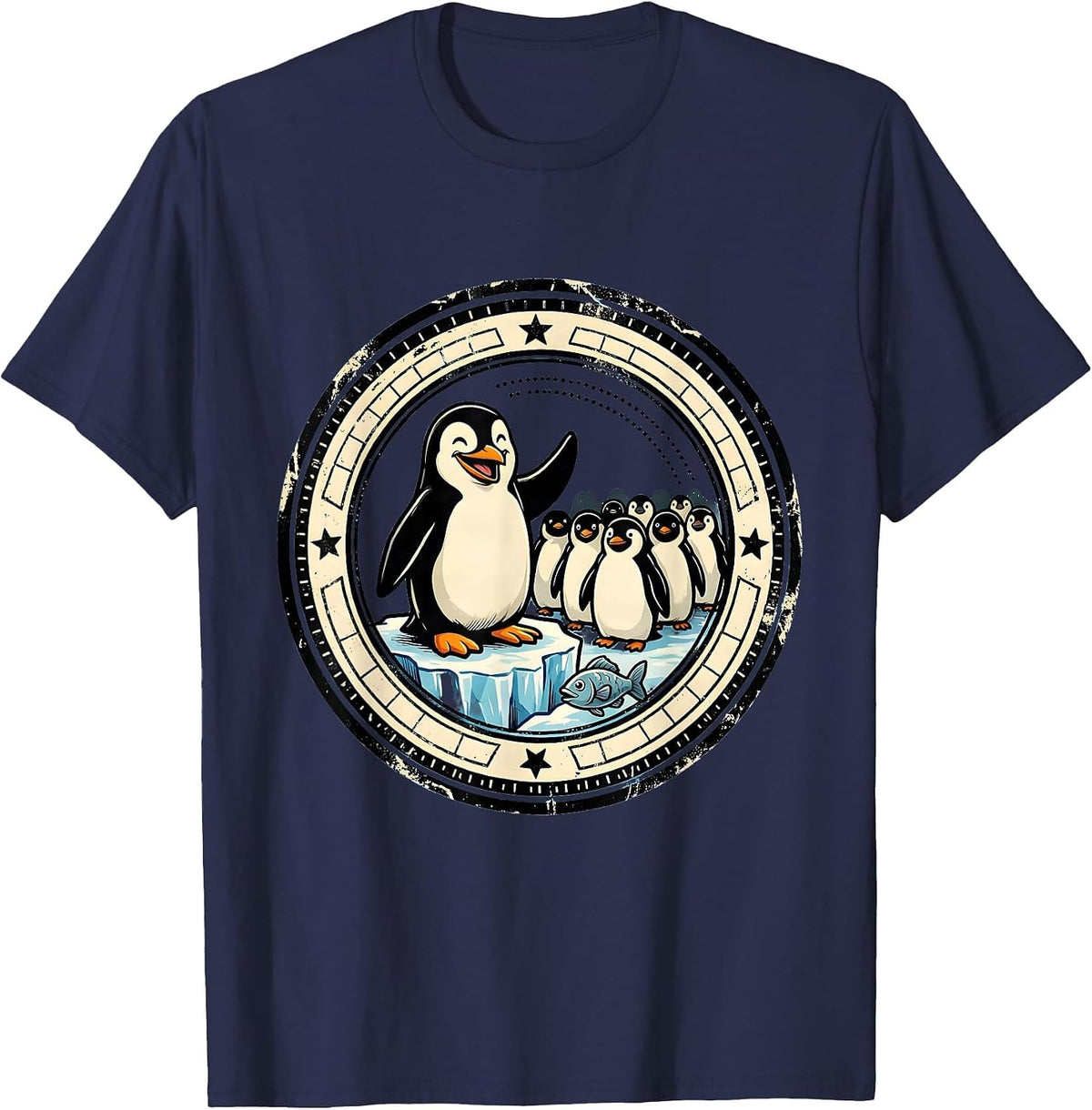 Men's Penguin Badge Cartoon Animal Humor Novelty T-Shirt - Navy Blue