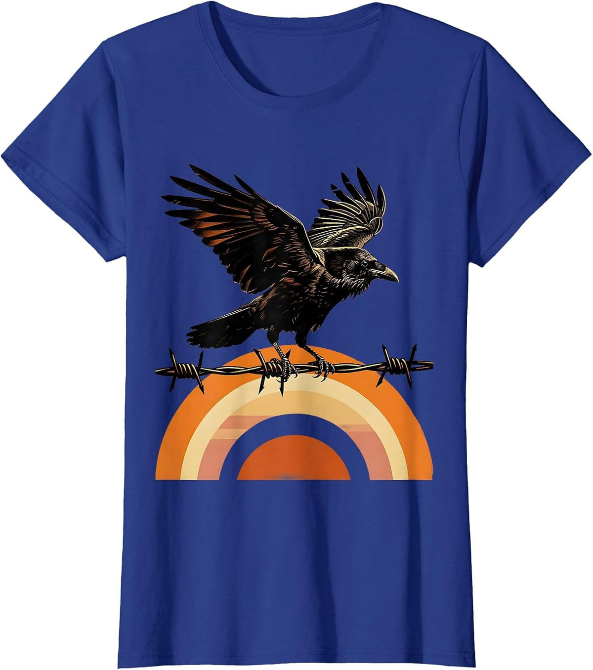 Women's Crow on Barbed Wire Sunrise Illustration T-Shirt - Royal Blue