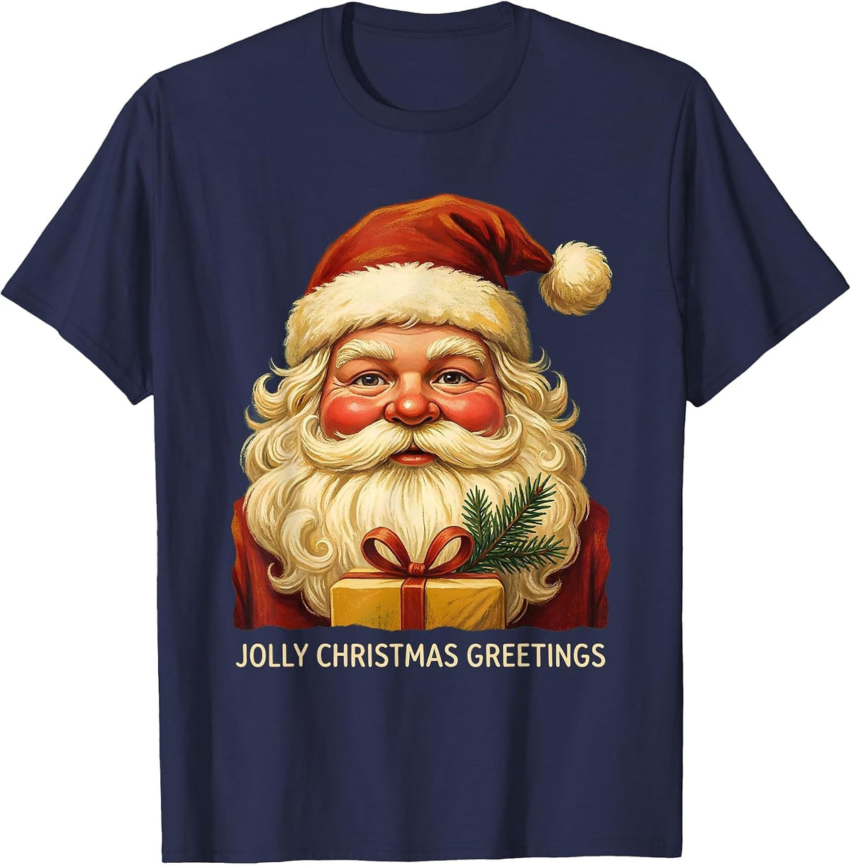 Men's Jolly Christmas Greetings Vintage Retro Santa Claus Face T-Shirt - Navy Blue