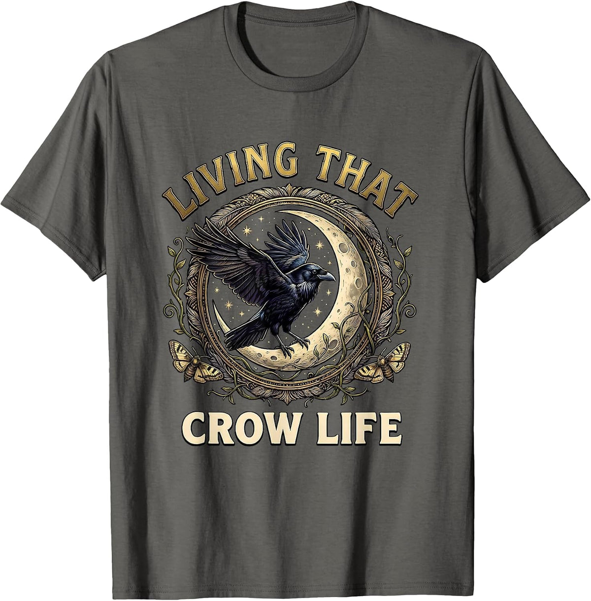 Living That Crow Life Bold Crow Graphic Design T-Shirt - Asphalt Grey