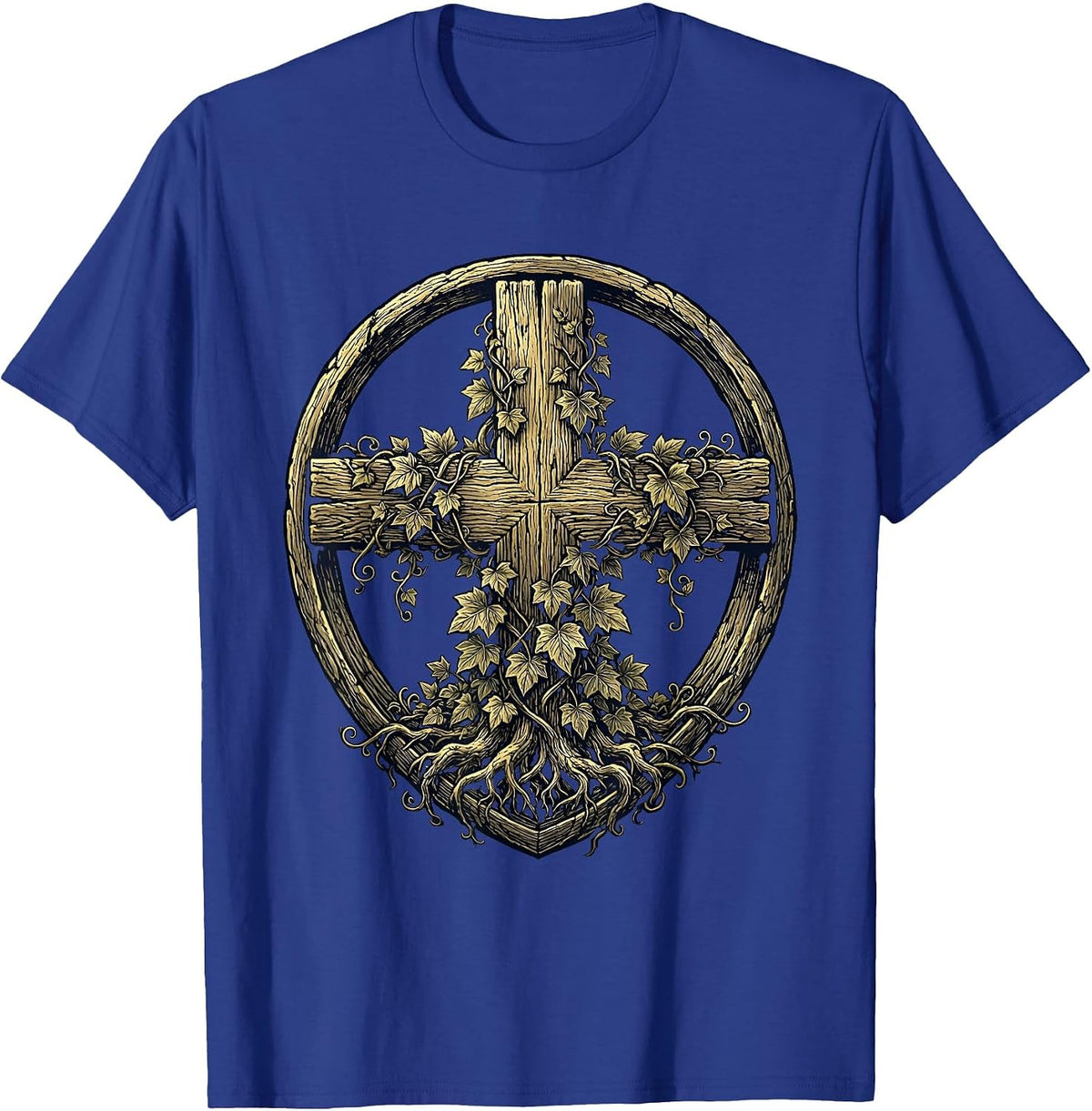 Rugged Cross with Climbing Ivy Vines Christian Design T-Shirt - Royal Blue