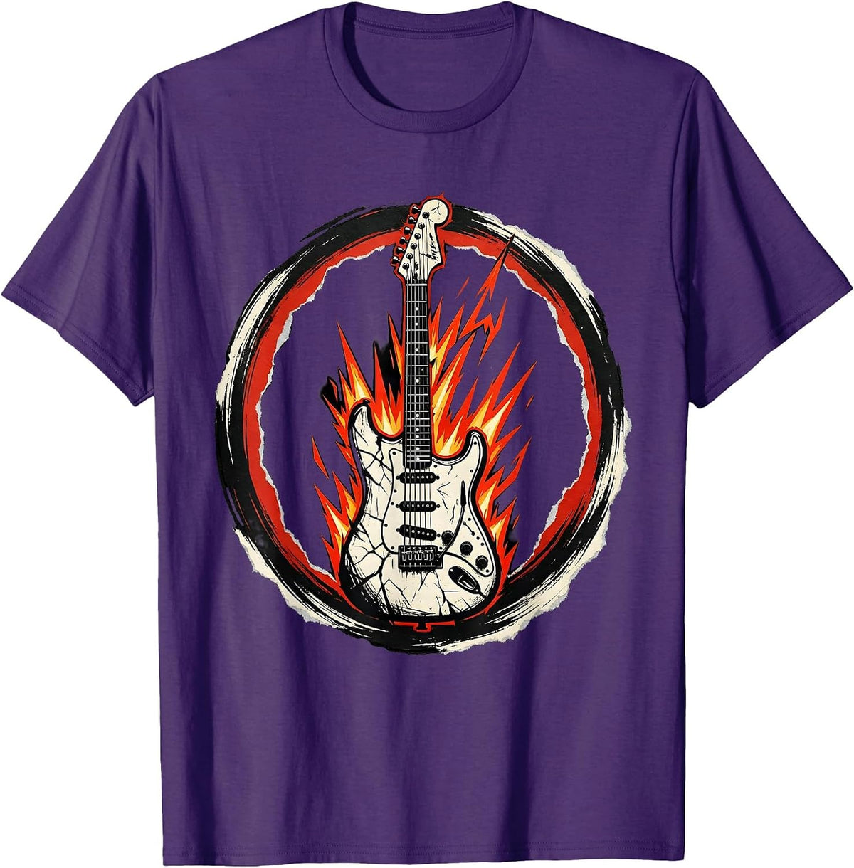 Flaming Electric Guitar Metal Graphic T-Shirt - Purple