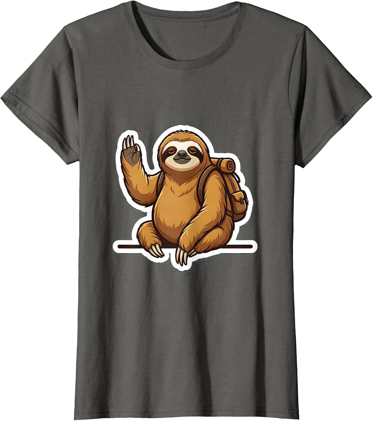 Women's Round-Faced Sloth Sticker-Style Cute Mascot Gift T-Shirt - Asphalt Grey