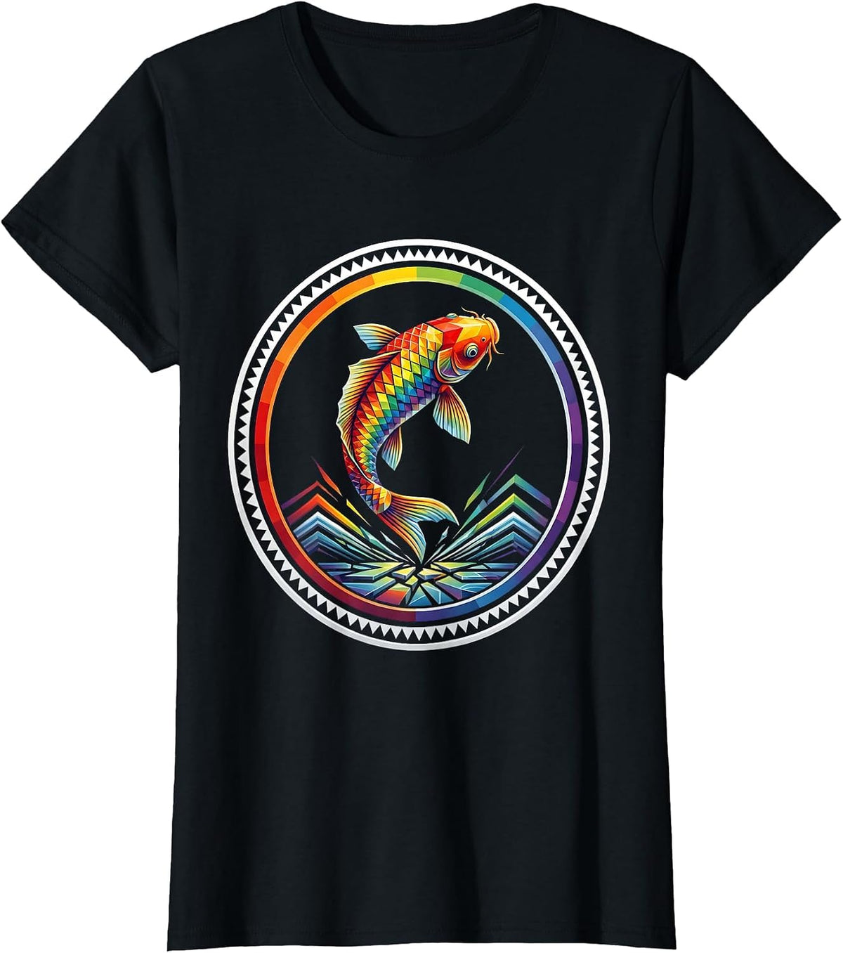 Rainbow Koi Fish Leaping From Water Illustration T-Shirt - Black