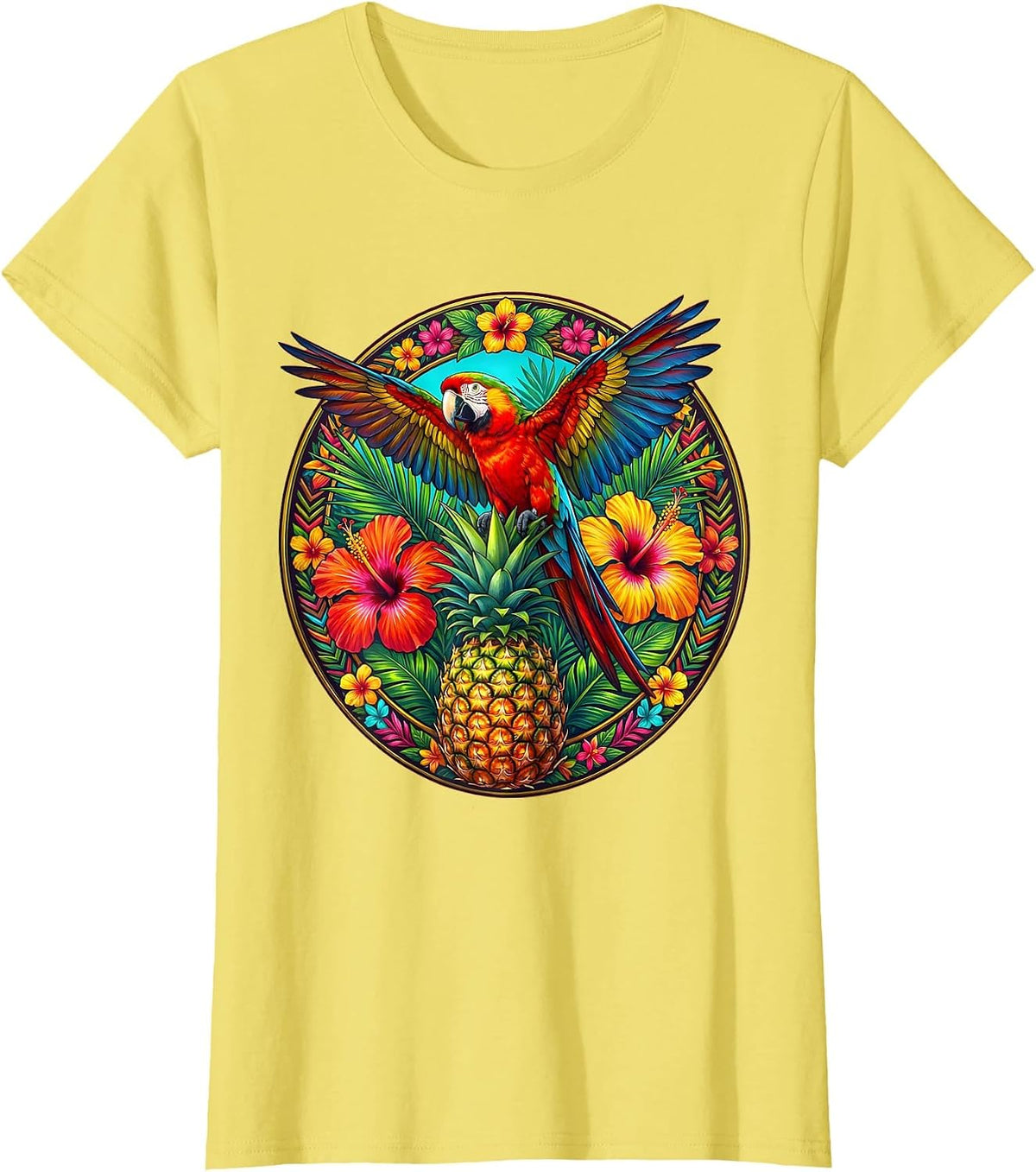 Tropical Parrot on Pineapple with Flowers T-Shirt - Lemon Yellow