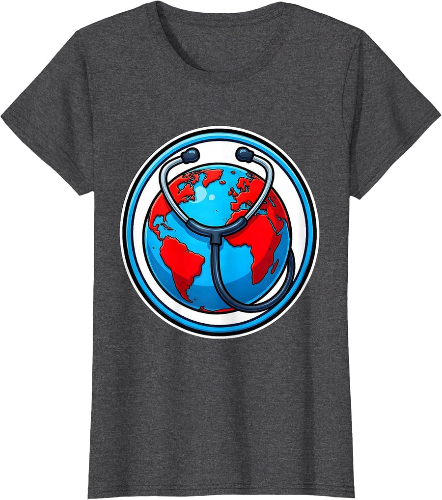 Women's Medical Assistant Stethoscope Globe Graphic T-Shirt - Dark Heather Grey