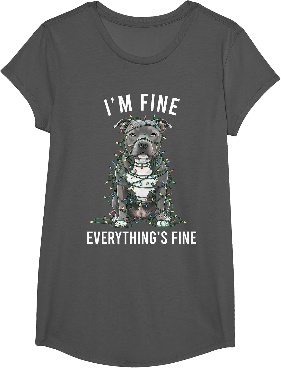 Staffordshire Bull Terrier I'm Fine Everything is Fine T-Shirt - Girls Asphalt Grey