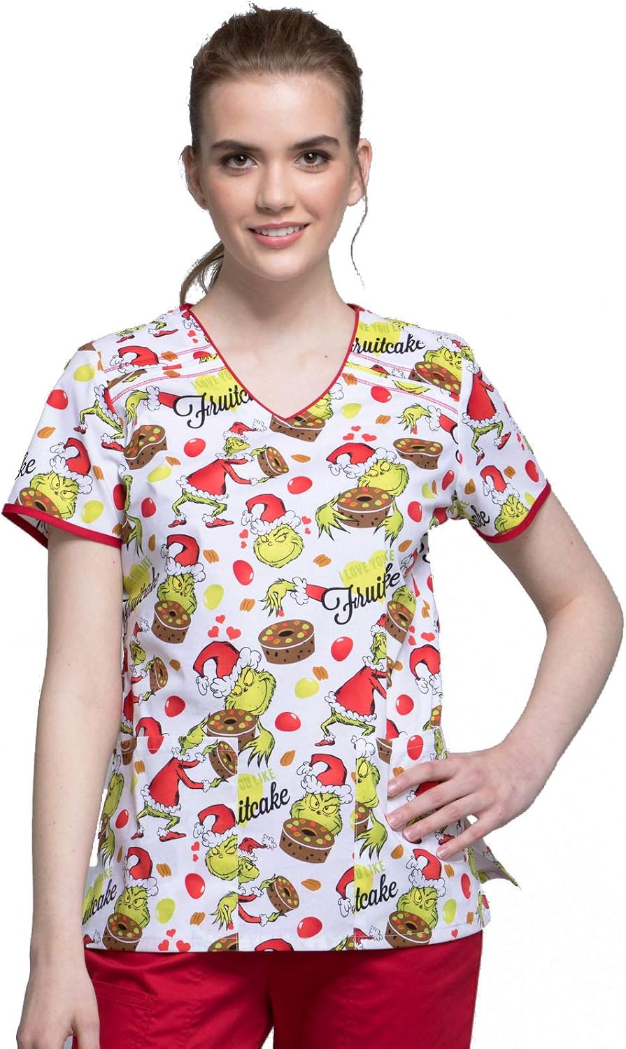 Tooniforms Scrubs Top Women V-Neck Modern Classic Fit - Grinch-cake
