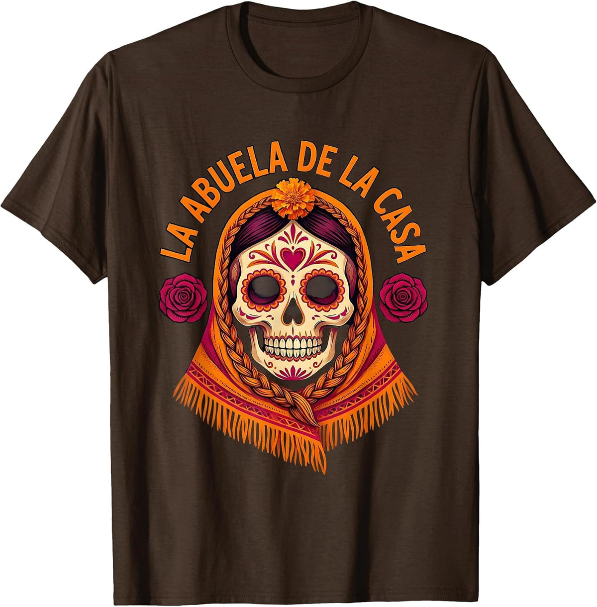 Men's La Abuela de la Casa Day of the Dead Sugar Skull Folk Art T-Shirt - Brown