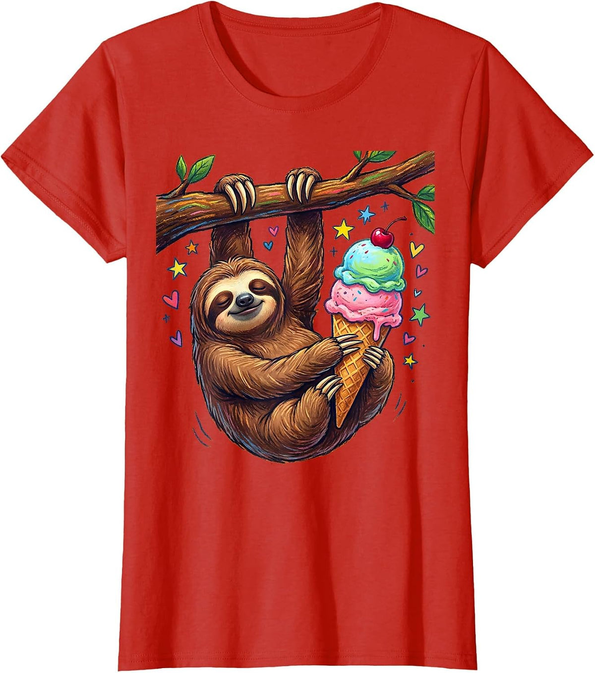 Women's Funny Sloth Hanging Upside Down Eating Ice Cream T-Shirt - Red