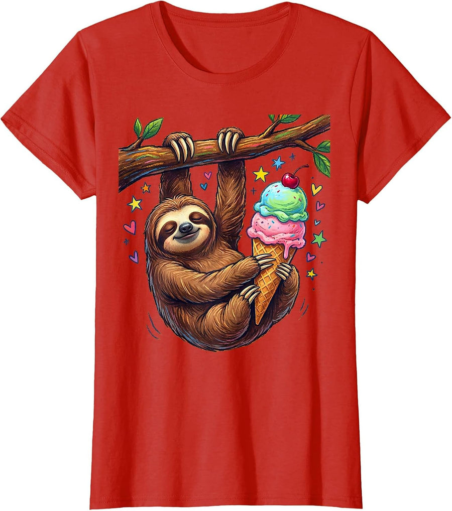 Women's Funny Sloth Hanging Upside Down Eating Ice Cream T-Shirt - Red