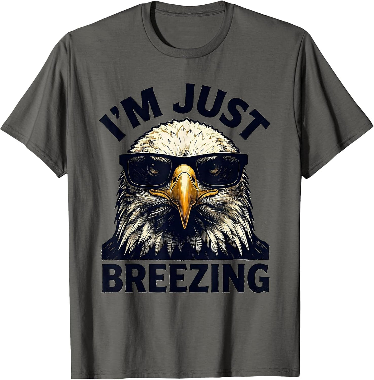 Men's I'M JUST BREEZING Linocut Bald Eagle Sunglasses Novelty T-Shirt - Asphalt Grey